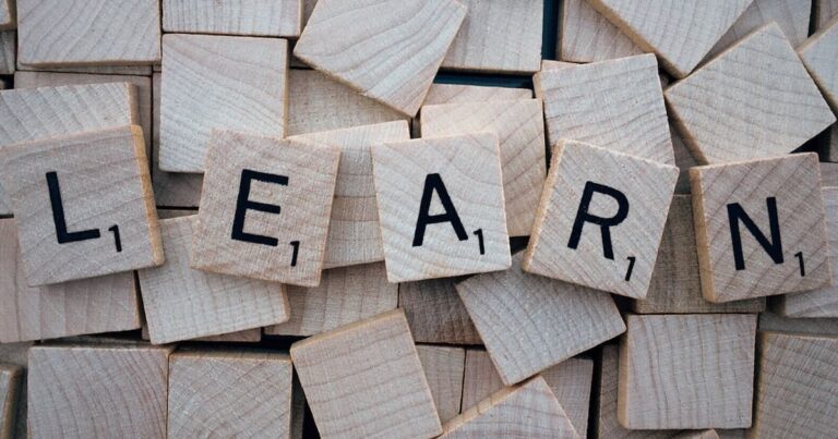 Bunch of small wooden rectangles with the word LEARN on top