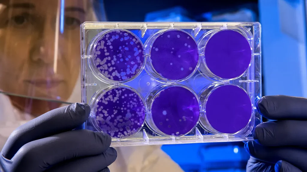 Scientist in hazmat suit holding 6 purple samples in a lab
