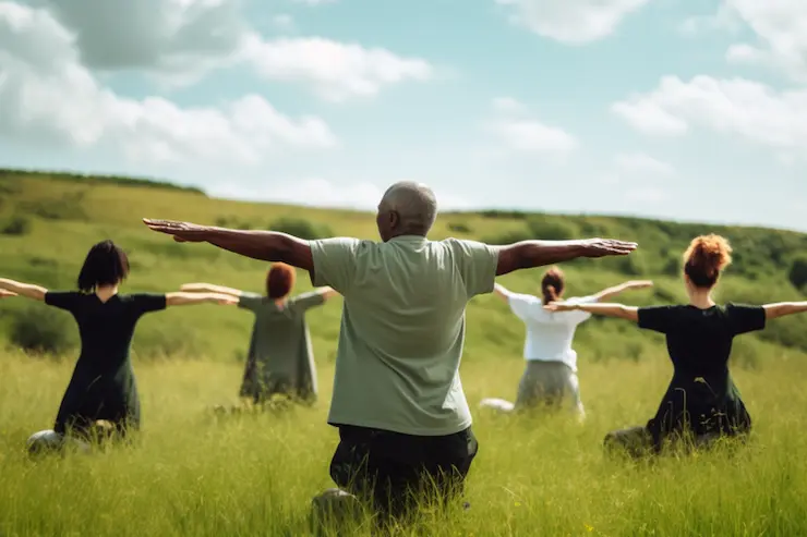 Group of people stretching outdoors in a green field