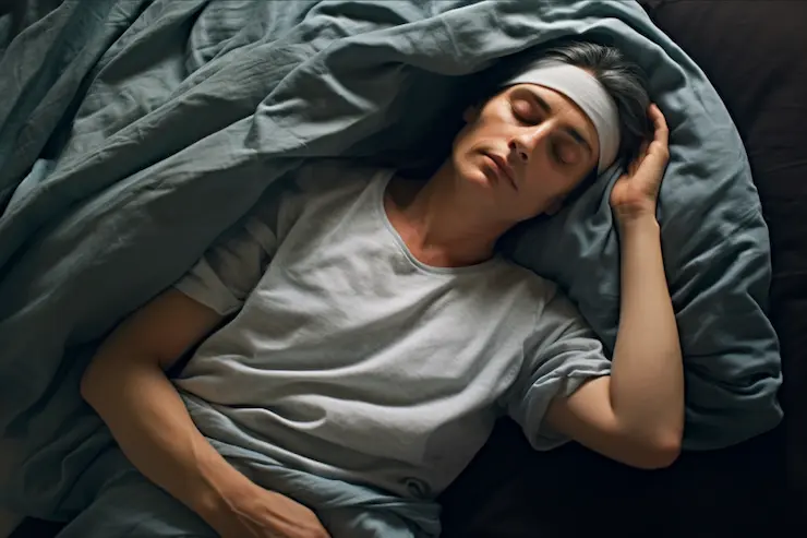 Man with bandana and gray pijamas sleeps in a bed with gray sheets