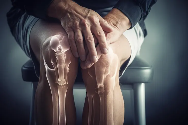 Man holding his knee joints and seems to have issues. Bones and joints look like x-rayed.