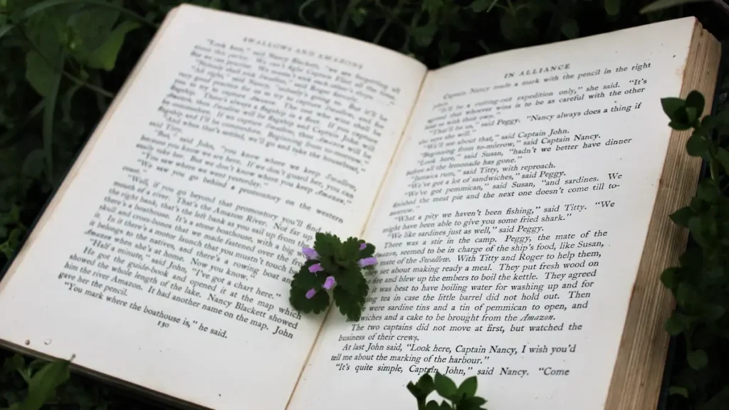 Examples of periodic sentences, tips, and their use in English literature 1 Opened book with examples of periodic sentences and leaves on top of the pages