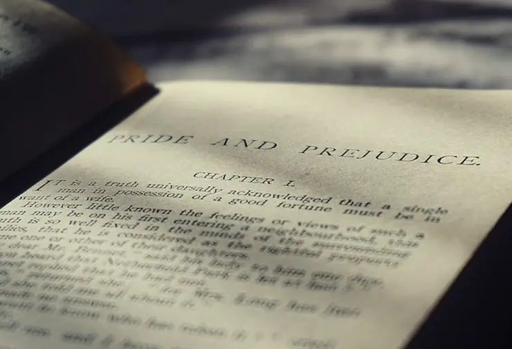 Examples of periodic sentences, tips, and their use in English literature 2 The first page from a vintage book Pride and Prejudice by Jane Austin