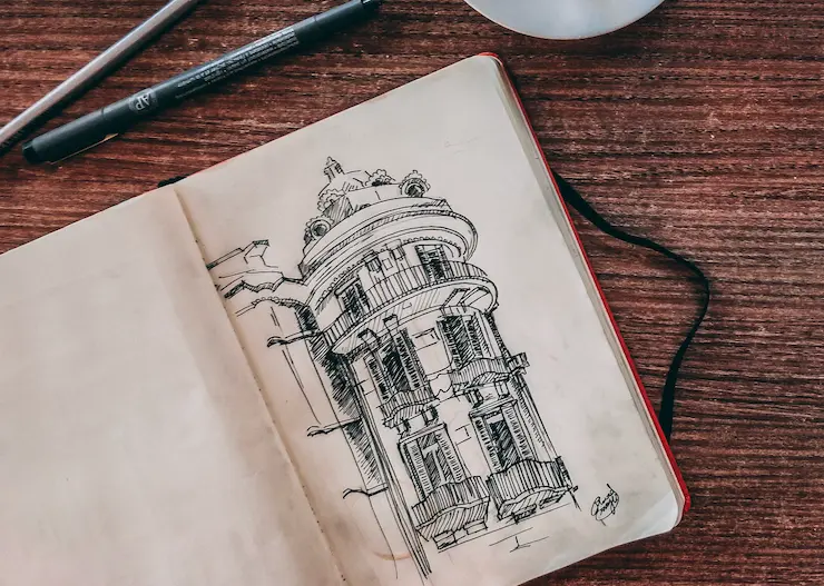 A nice building sketch on a wooden desk